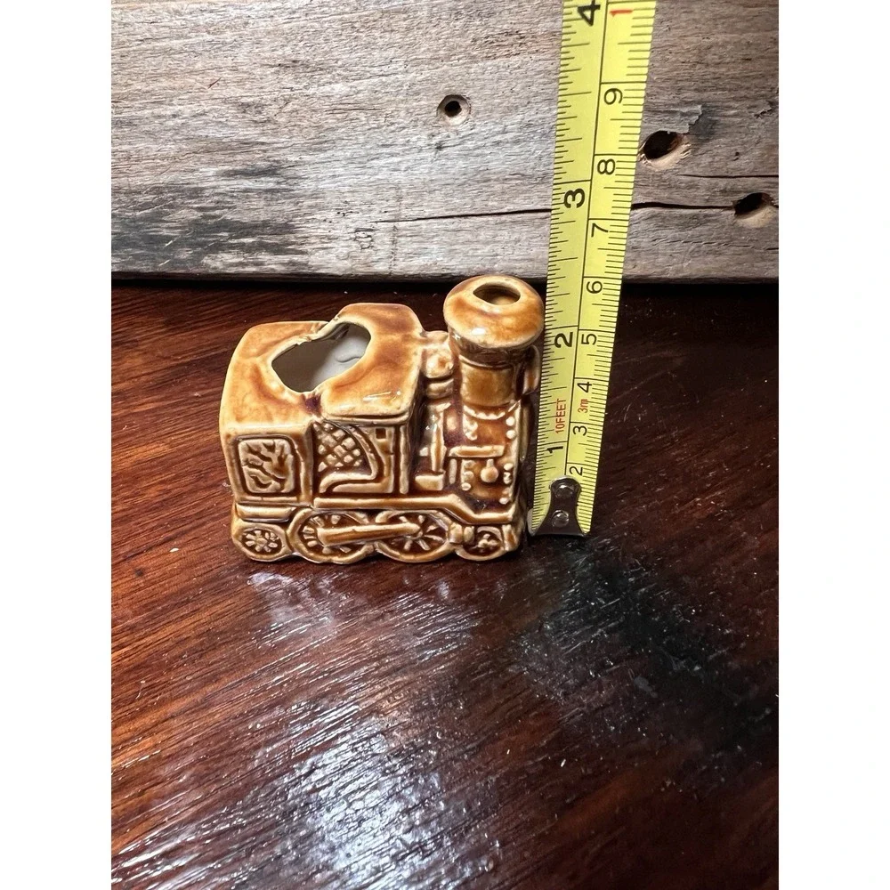 Vintage Train Toothpick Holder Ceramic Japan Collectible Brown Glazed Drip